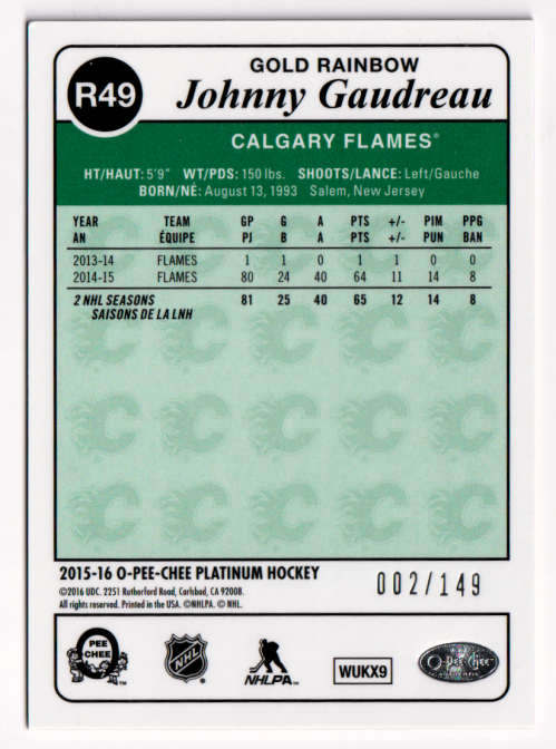 2015-16 O-Pee-Chee Platinum Retro Rainbow Gold #R49 Johnny Gaudreau back image