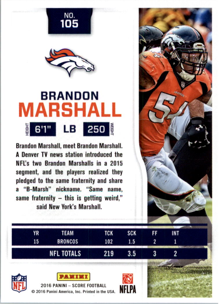 2016 Score Scorecard #105 Brandon Marshall back image