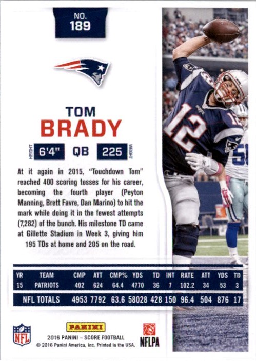 2016 Score Scorecard #189 Tom Brady