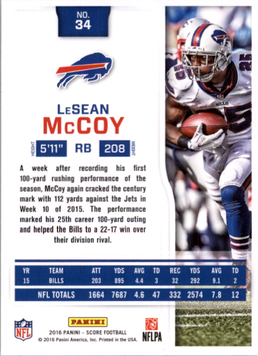 2016 Score Jumbo Artist's Proof #34 LeSean McCoy back image