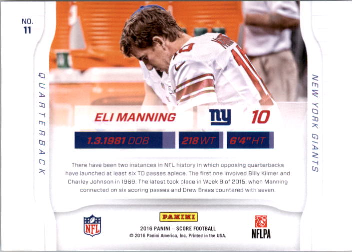 2016 Score Sidelines Gold #11 Eli Manning back image