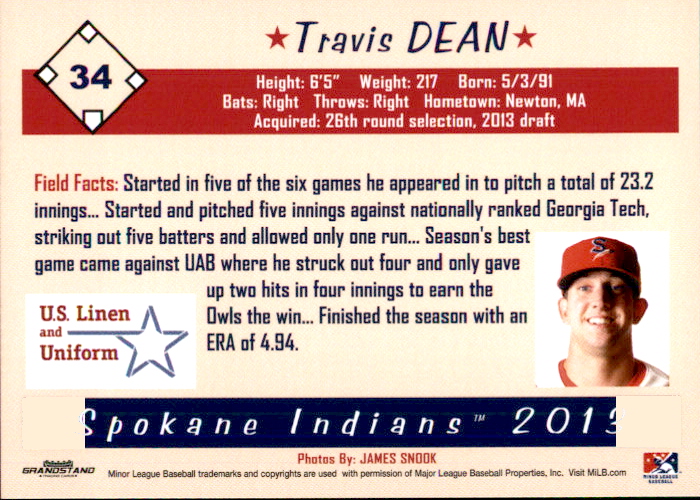 2013 Spokane Indians Grandstand #6 Travis Dean back image