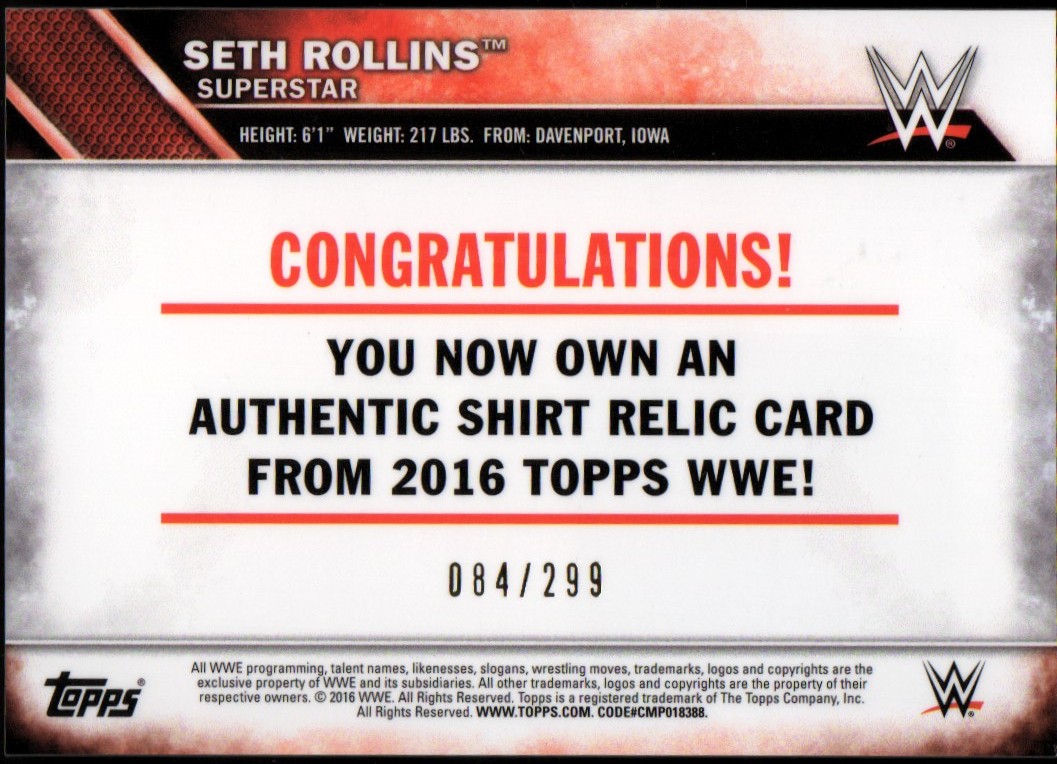 2016 Topps WWE Shirt Relics #NNO Seth Rollins back image