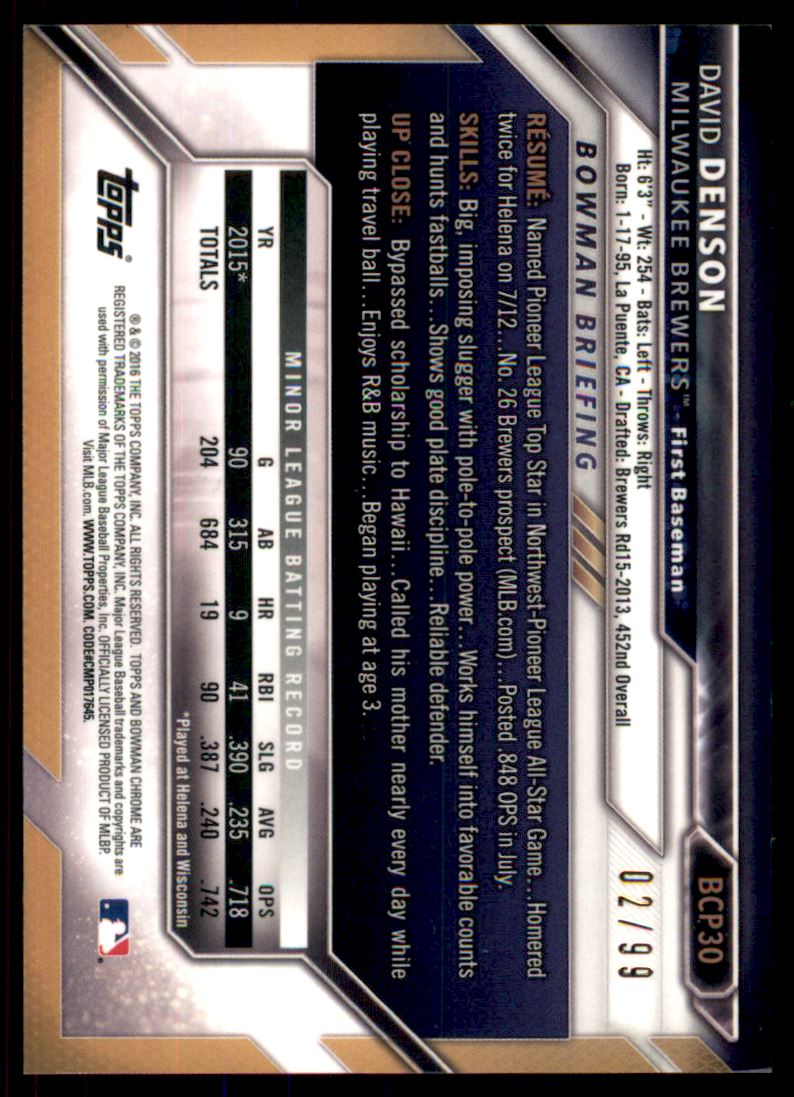 2016 Bowman Chrome Prospects Green Refractors #BCP30 David Denson