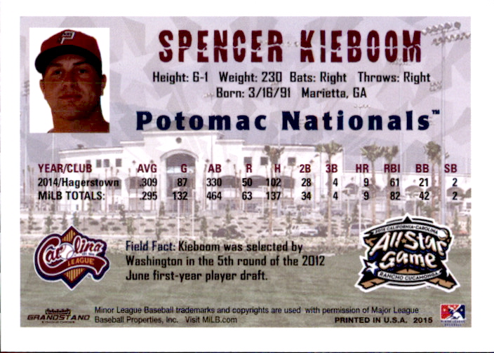 2015 California-Carolina All-Stars Grandstand #43 Spencer Kieboom back image