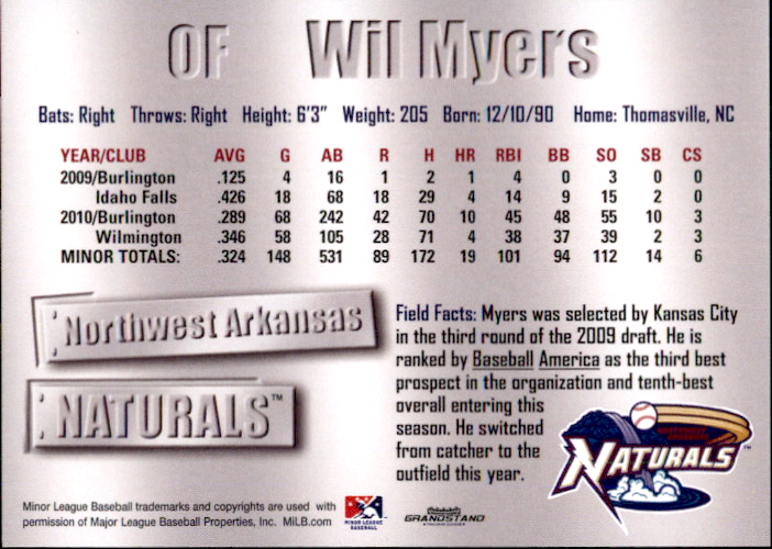 2011 Northwest Arkansas Naturals Grandstand #16 Wil Myers back image