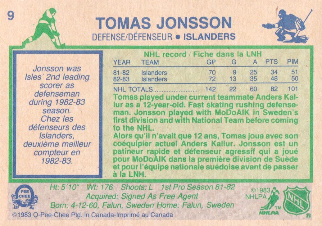 1983-84 O-Pee-Chee #9 Tomas Jonsson back image