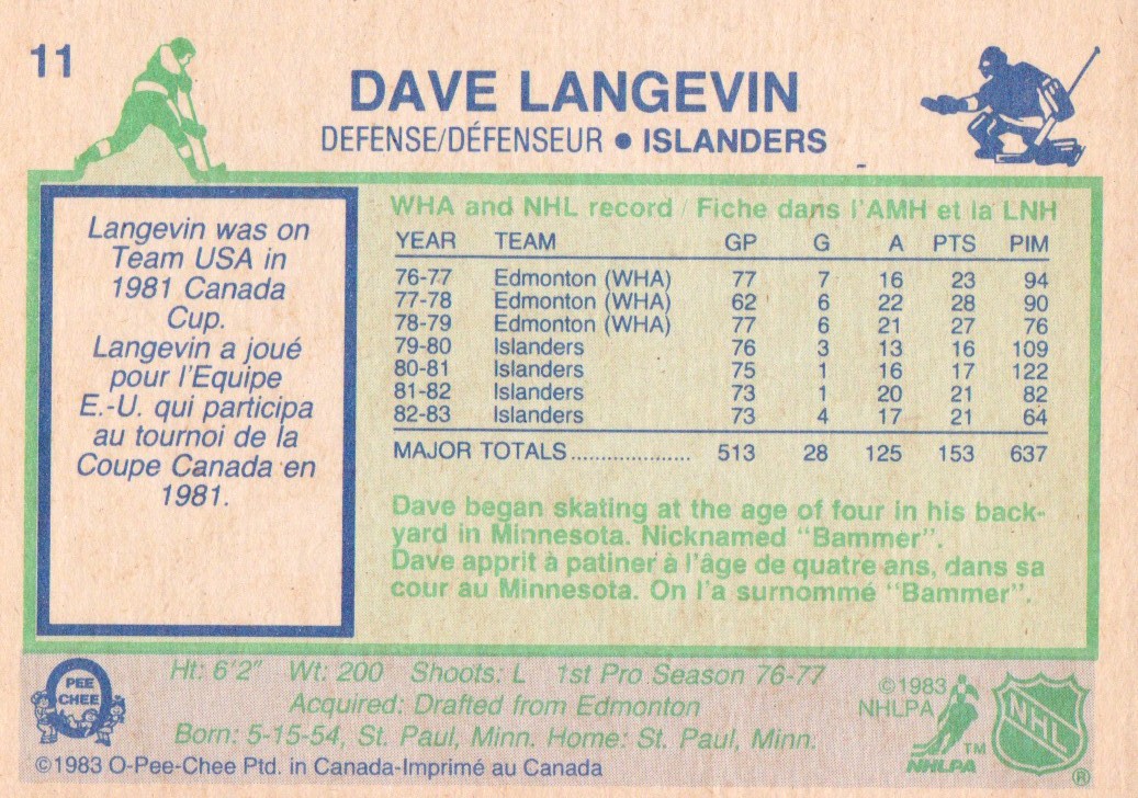 1983-84 O-Pee-Chee #11 Dave Langevin back image