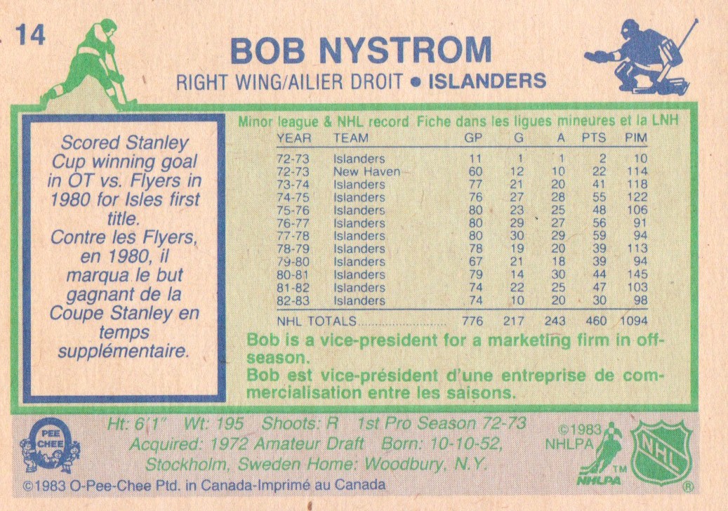 1983-84 O-Pee-Chee #14 Bob Nystrom back image