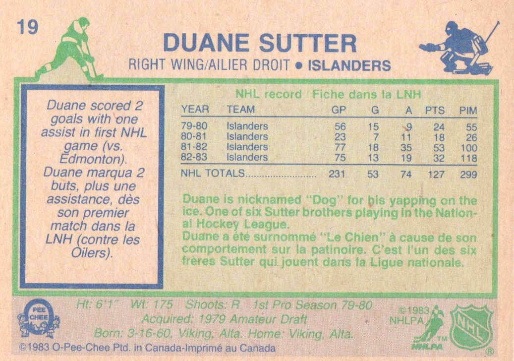 1983-84 O-Pee-Chee #19 Duane Sutter back image
