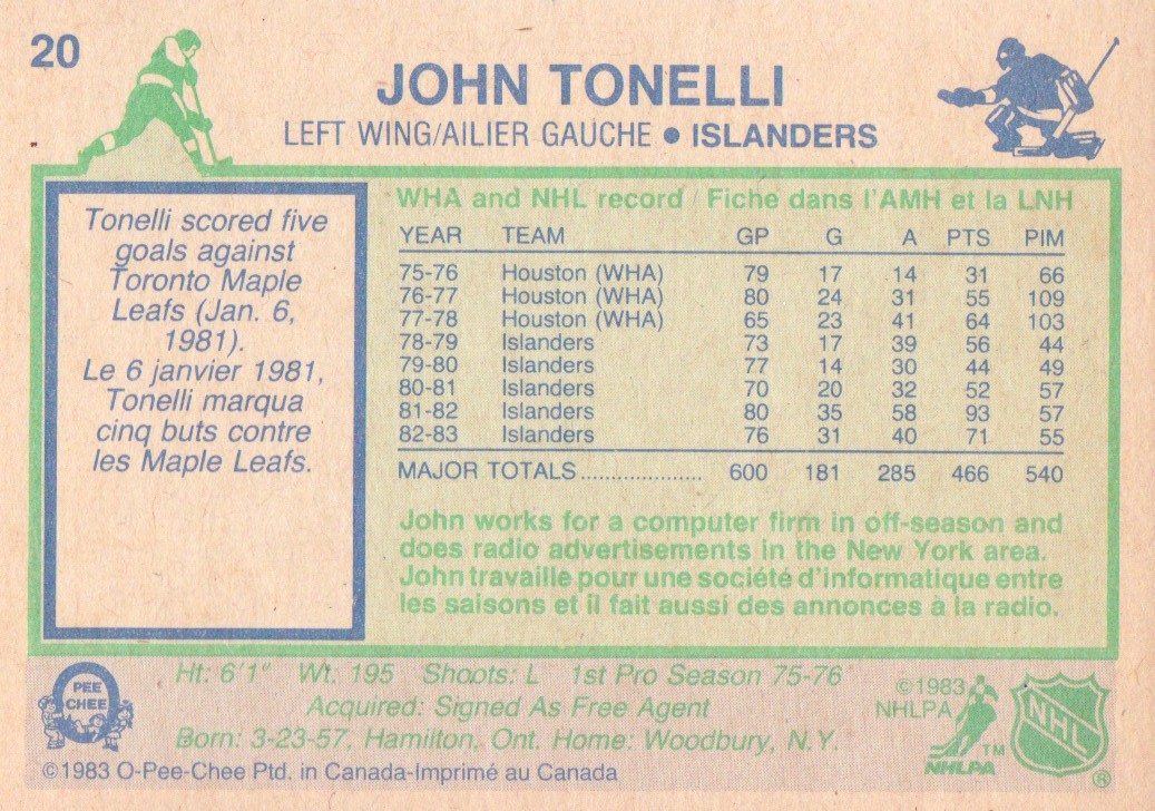 1983-84 O-Pee-Chee #20 John Tonelli back image