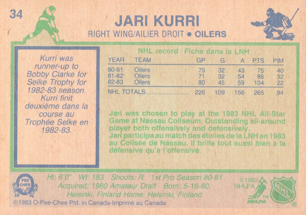 1983-84 O-Pee-Chee #34 Jari Kurri back image