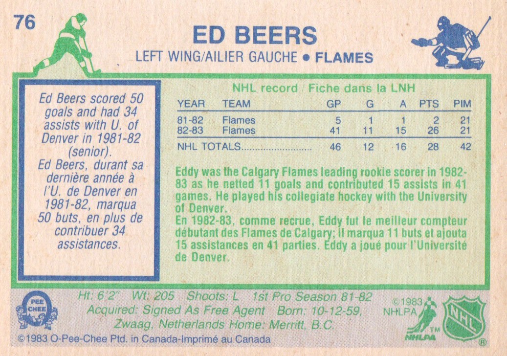 1983-84 O-Pee-Chee #76 Ed Beers RC back image