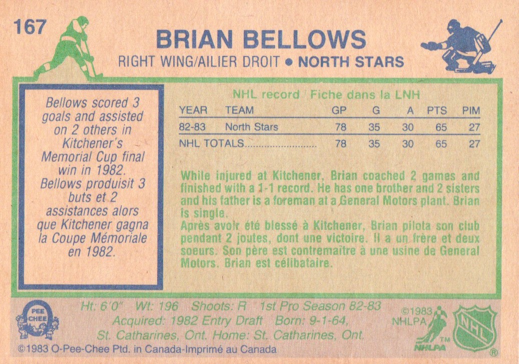 1983-84 O-Pee-Chee #167 Brian Bellows RC back image