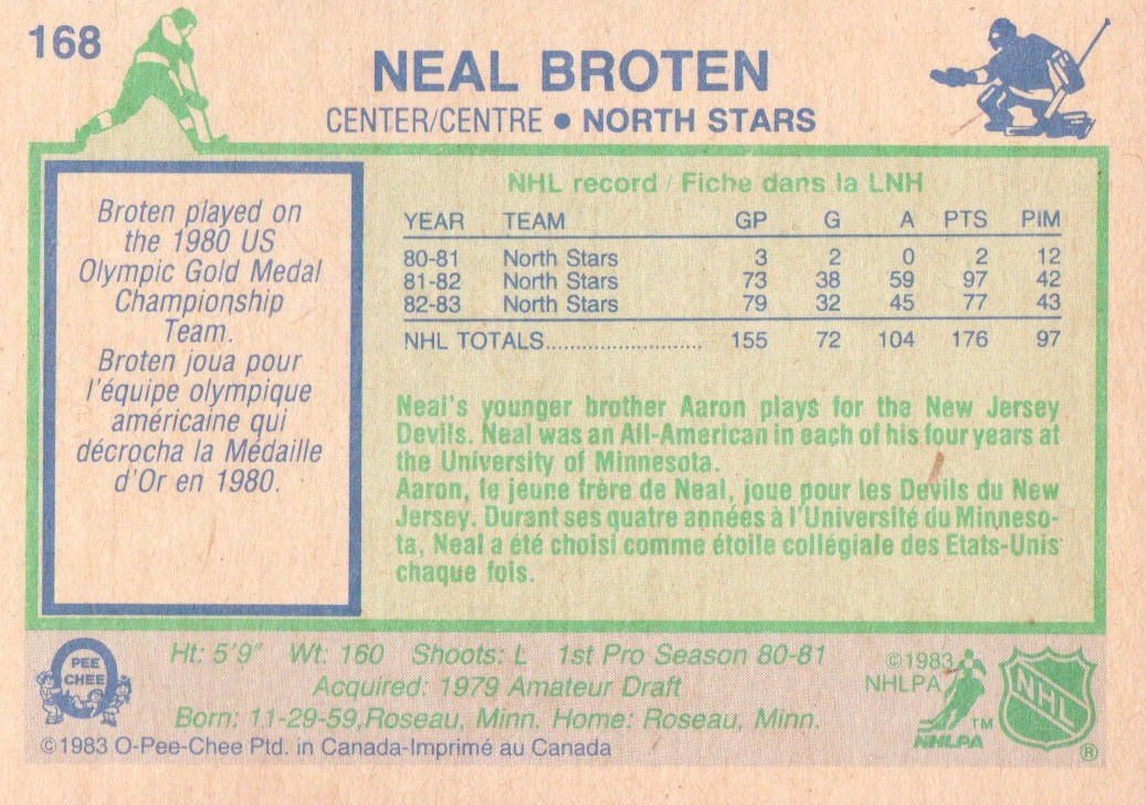 1983-84 O-Pee-Chee #168 Neal Broten back image