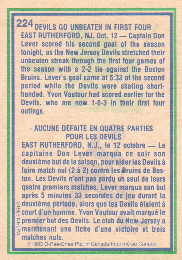 1983-84 O-Pee-Chee #224 Don Lever HL back image