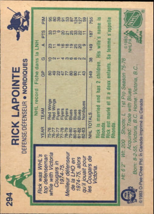 1983-84 O-Pee-Chee #294 Rick Lapointe back image