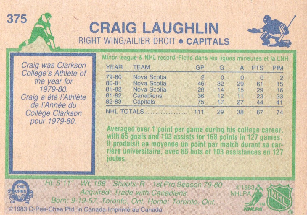 1983-84 O-Pee-Chee #375 Craig Laughlin RC back image
