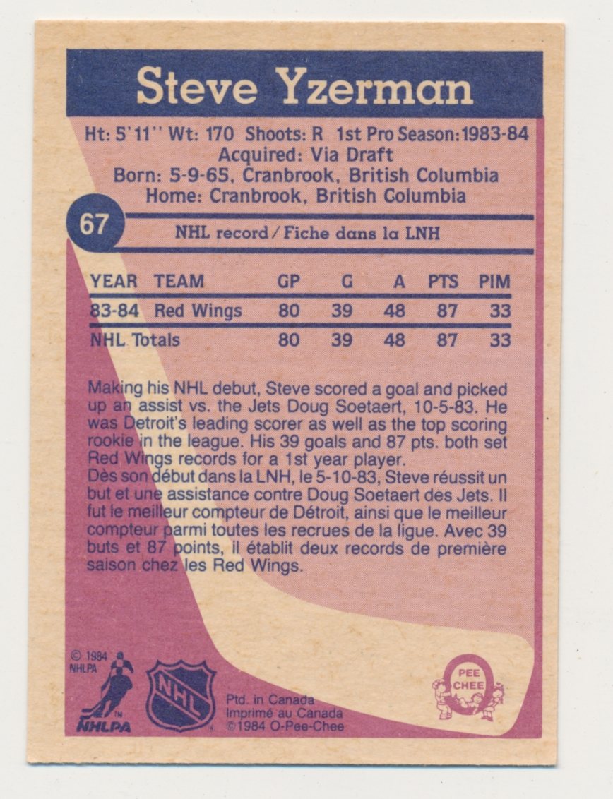 1984-85 O-Pee-Chee #67 Steve Yzerman RC back image