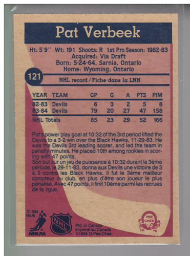1984-85 O-Pee-Chee #121 Pat Verbeek RC back image