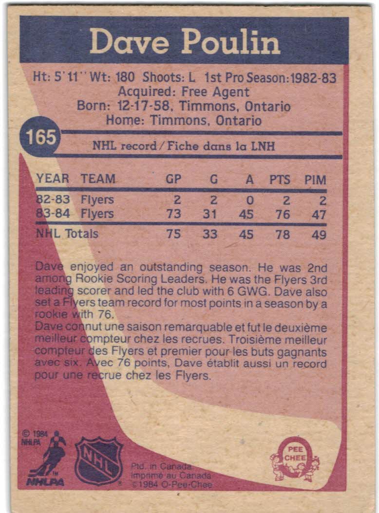 1984-85 O-Pee-Chee #165 Dave Poulin RC back image