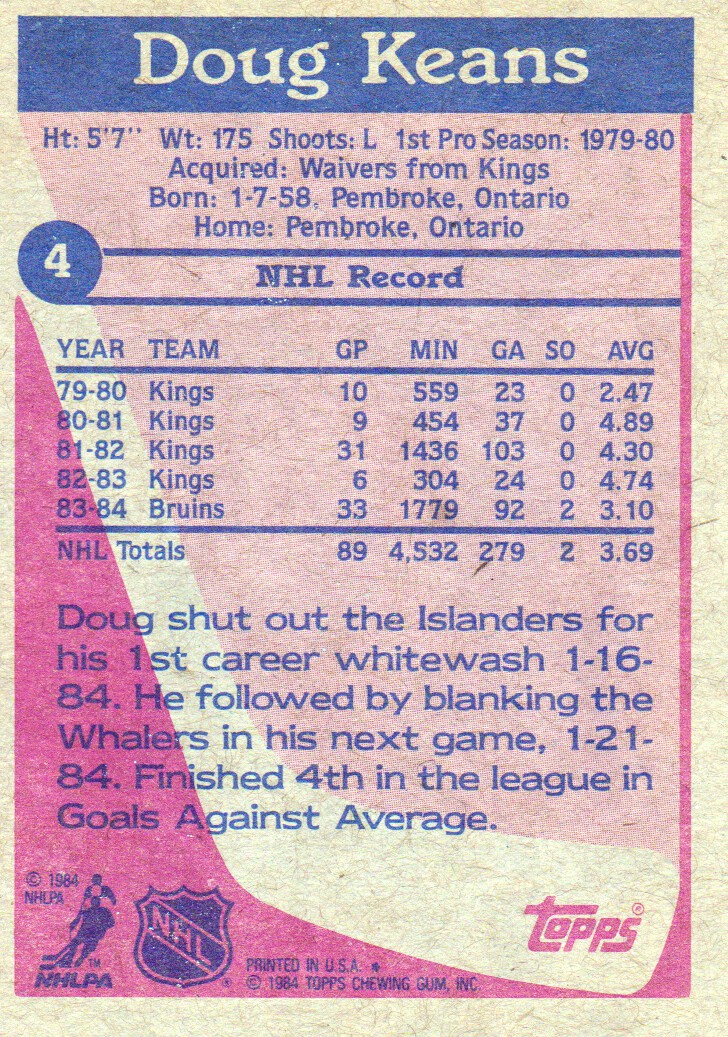 1984-85 Topps #4 Doug Keans RC back image