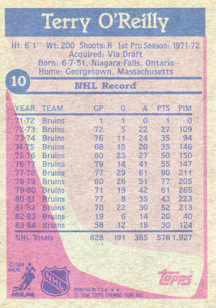 1984-85 Topps #10 Terry O'Reilly SP back image
