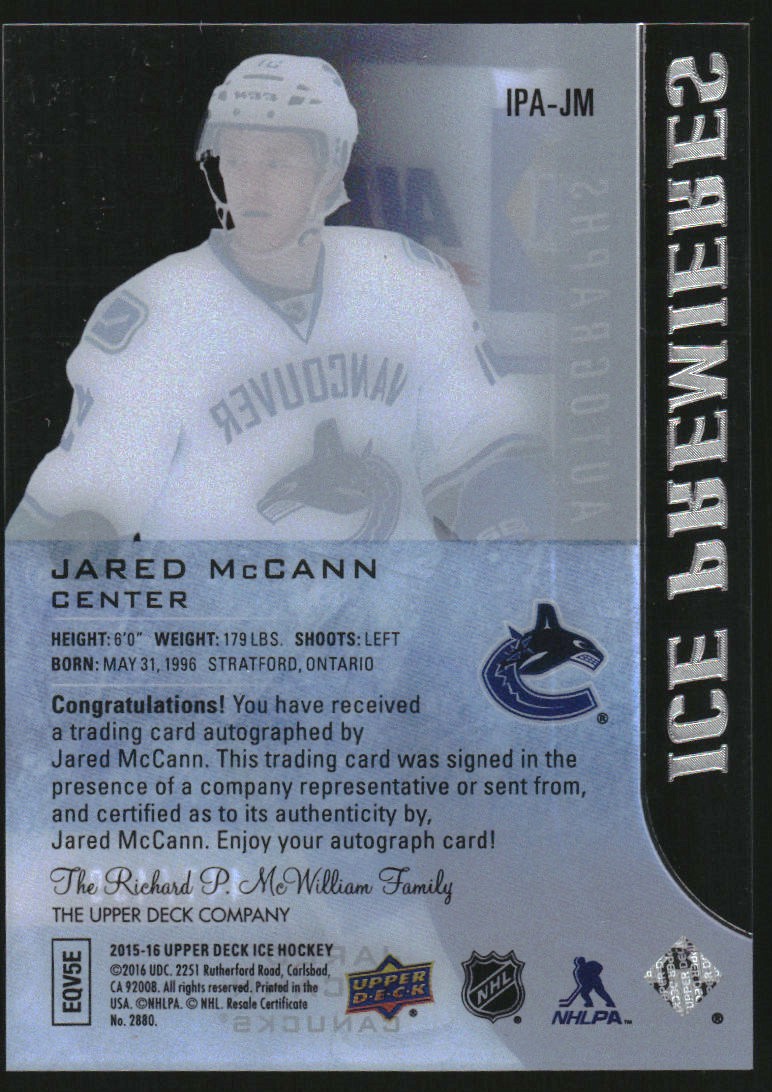 2015-16 Upper Deck Ice Ice Premieres Autographs #IPAJM Jared McCann AU/499