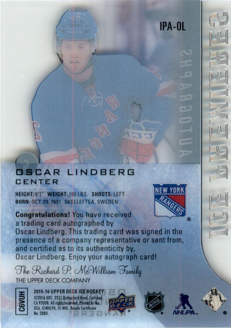 2015-16 Upper Deck Ice Ice Premieres Autographs #IPAOL Oscar Lindberg AU/499