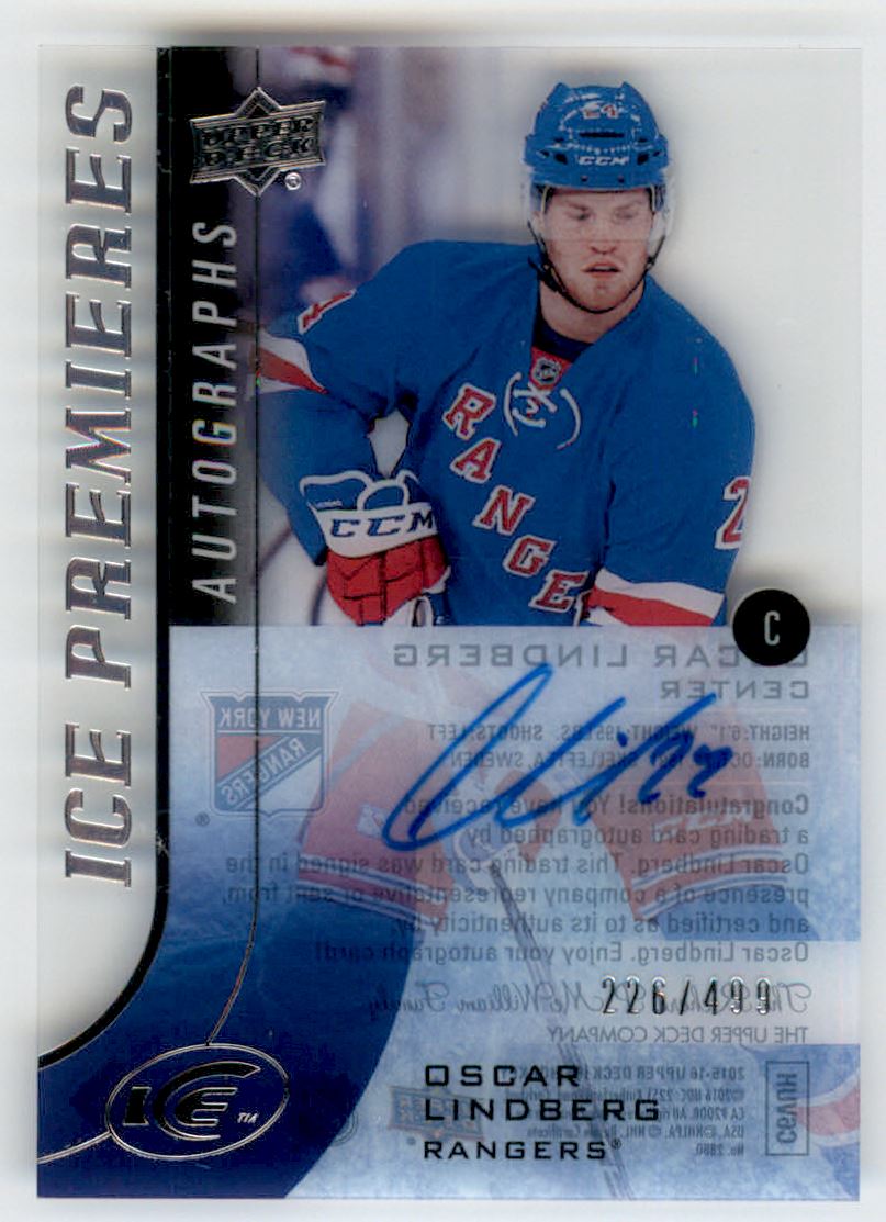 2015-16 Upper Deck Ice Ice Premieres Autographs #IPAOL Oscar Lindberg AU/499