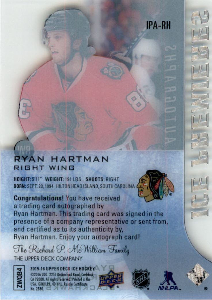 2015-16 Upper Deck Ice Ice Premieres Autographs #IPARH Ryan Hartman AU/499