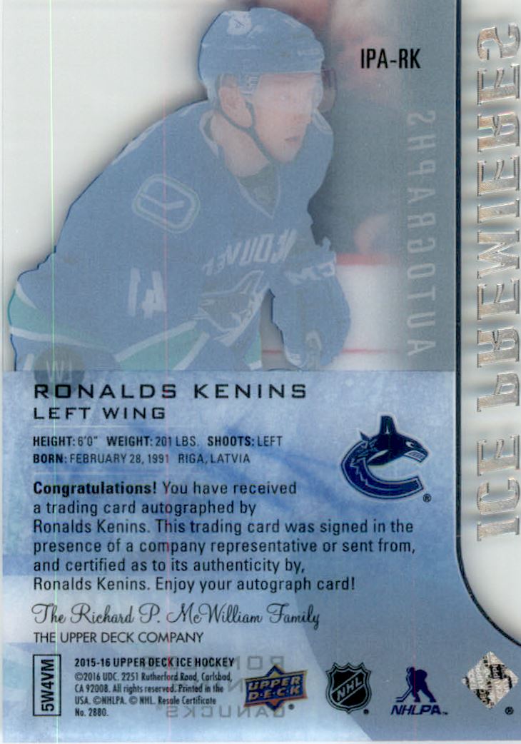 2015-16 Upper Deck Ice Ice Premieres Autographs #IPARK Ronalds Kenins AU/499