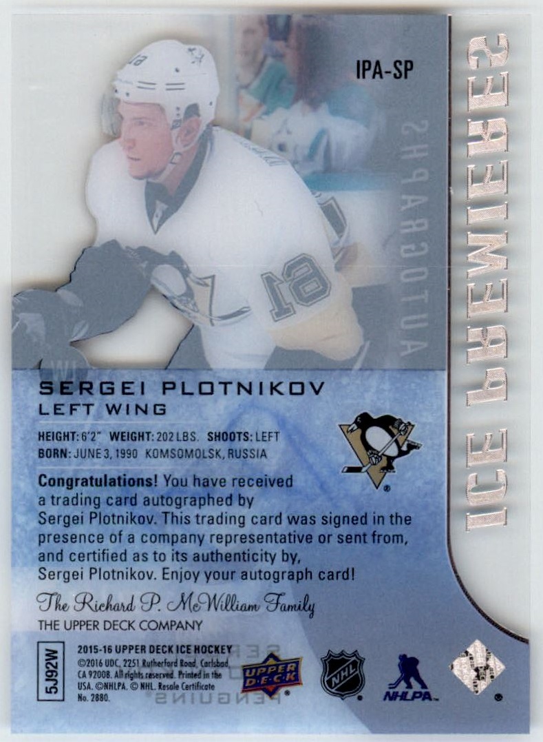 2015-16 Upper Deck Ice Ice Premieres Autographs #IPASP Sergei Plotnikov AU/499