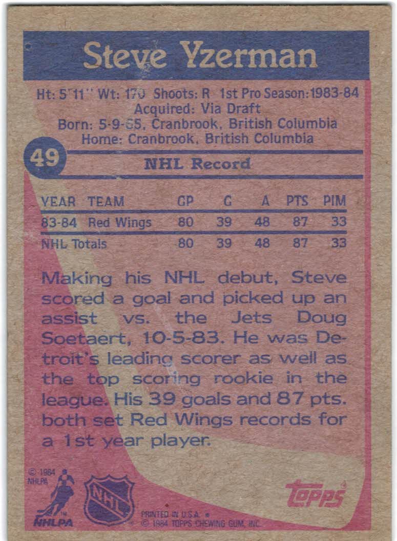 1984-85 Topps #49 Steve Yzerman RC back image