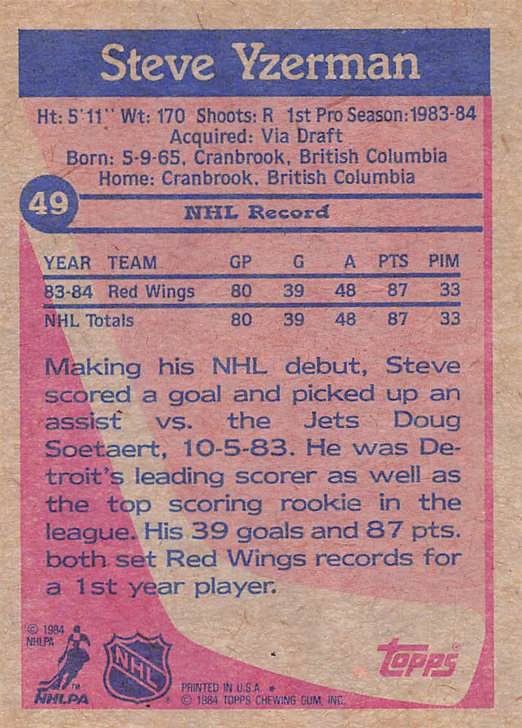 1984-85 Topps #49 Steve Yzerman RC back image
