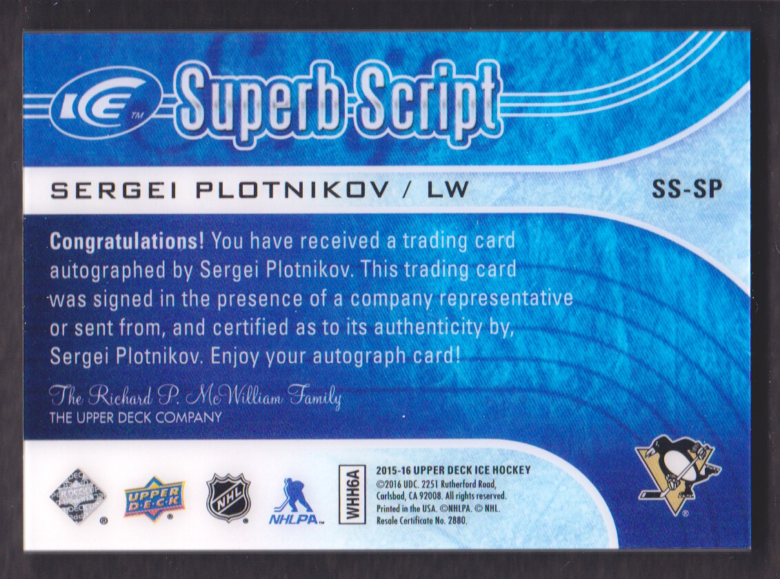 2015-16 Upper Deck Ice Superb Script #SSSP Sergei Plotnikov back image