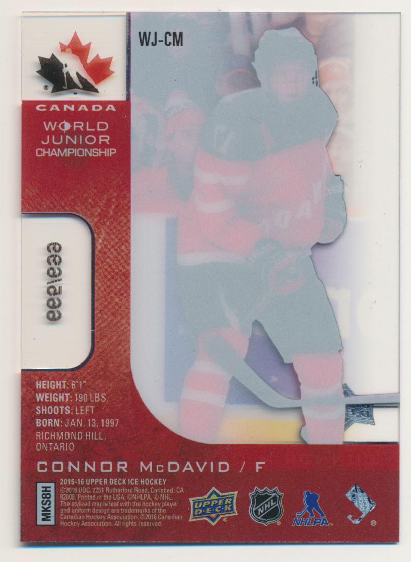 2015-16 Upper Deck Ice World Juniors Championship #WJCM Connor McDavid/699 back image