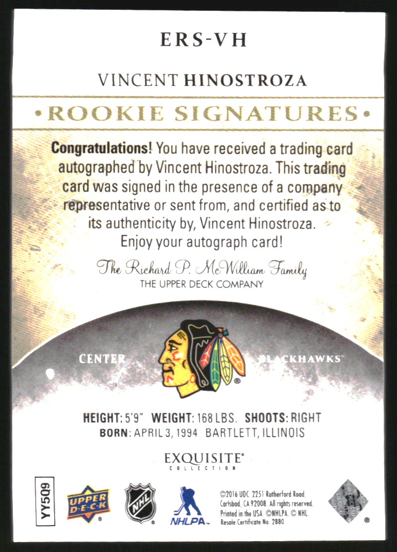 2015-16 Exquisite Collection Rookie Signatures #ERSVH Vincent Hinostroza/399 back image