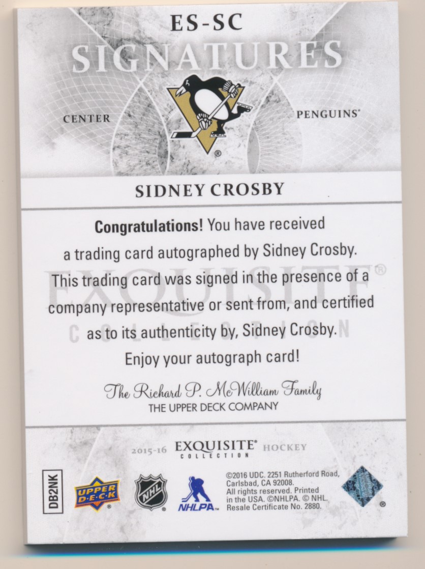 2015-16 Exquisite Collection Signatures #ESSC Sidney Crosby/15 back image