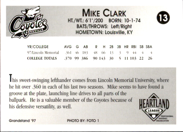 1997 Clarksville Coyotes  Grandstand #6 Mike Clark back image