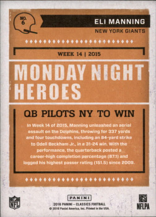 2016 Classics Monday Night Heroes Bronze #6 Eli Manning back image