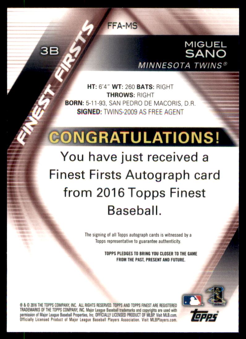 2016 Finest Firsts Autographs Blue Refractors #FFAMS Miguel Sano back image