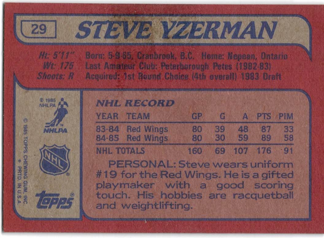 1985-86 Topps #29 Steve Yzerman back image