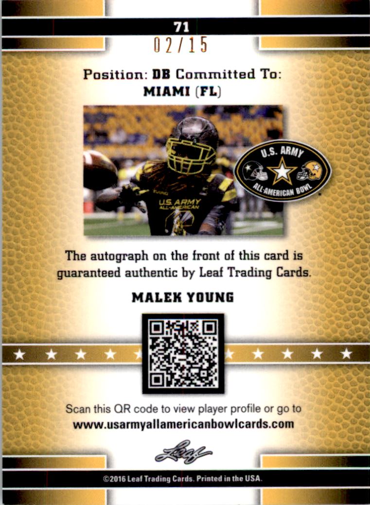 2016 Leaf Army All-American Bowl Metal Autographs Black #71 Malek Young/15 back image