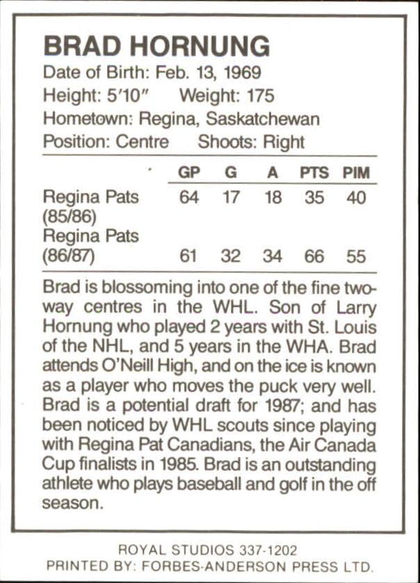1986-87 Regina Pats #9 Brad Hornung back image