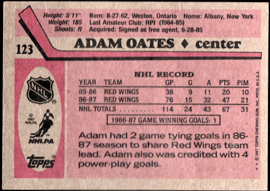 1987-88 Topps #123 Adam Oates RC back image