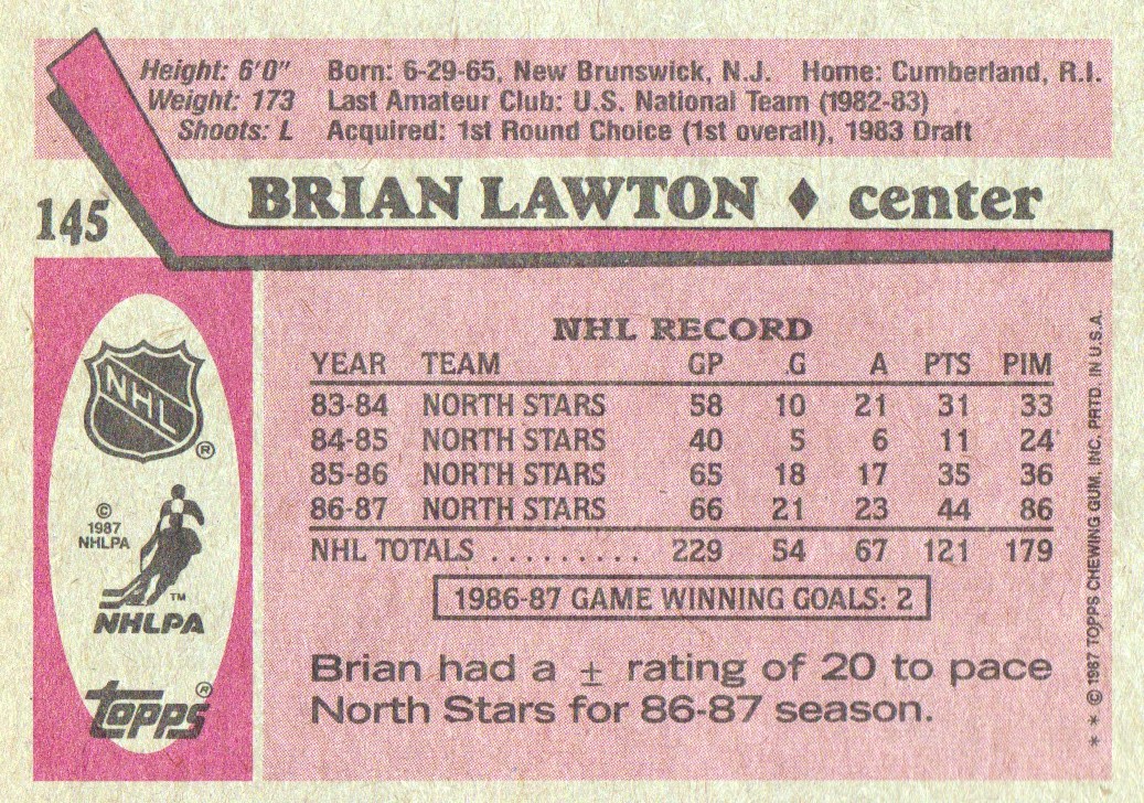 1987-88 Topps #145 Brian Lawton RC back image