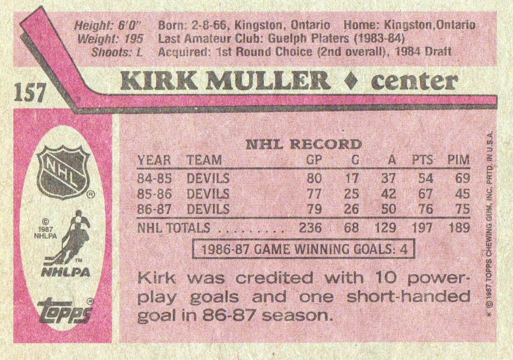 1987-88 Topps #157 Kirk Muller DP back image