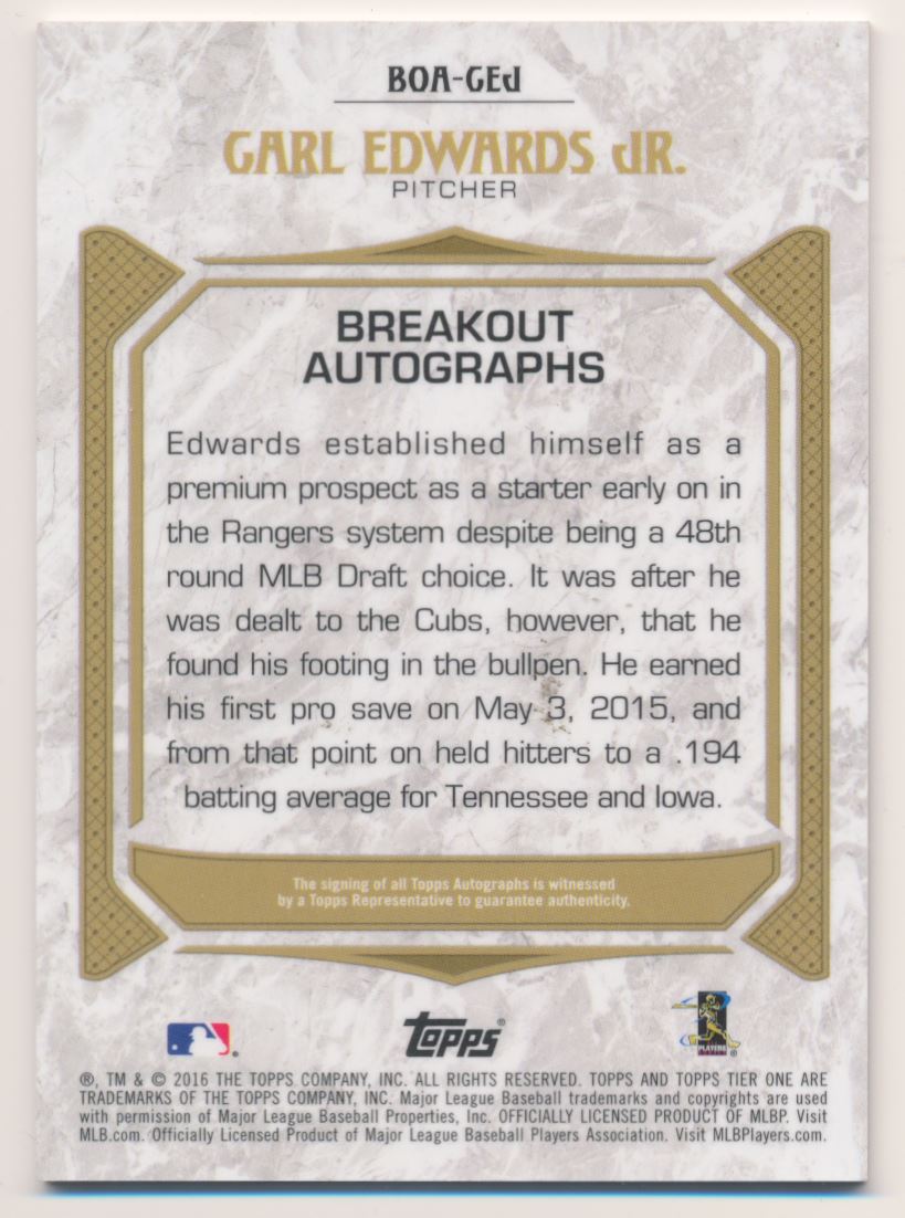 2016 Topps Tier One Breakout Autographs Copper Ink #BOACED Carl Edwards Jr. back image