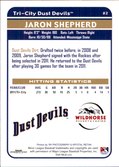 2012 Tri-City Dust Devils Grandstand #32 Jaron Shepherd back image